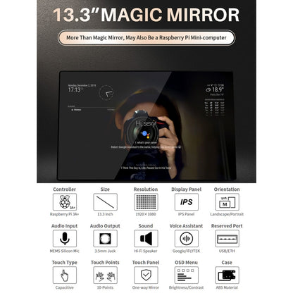 Waveshare 13.3 inch Magic Mirror, Voice Assistant, Touch Control(EU Plug) - Modules Expansions Accessories by WAVESHARE | Online Shopping UK | buy2fix