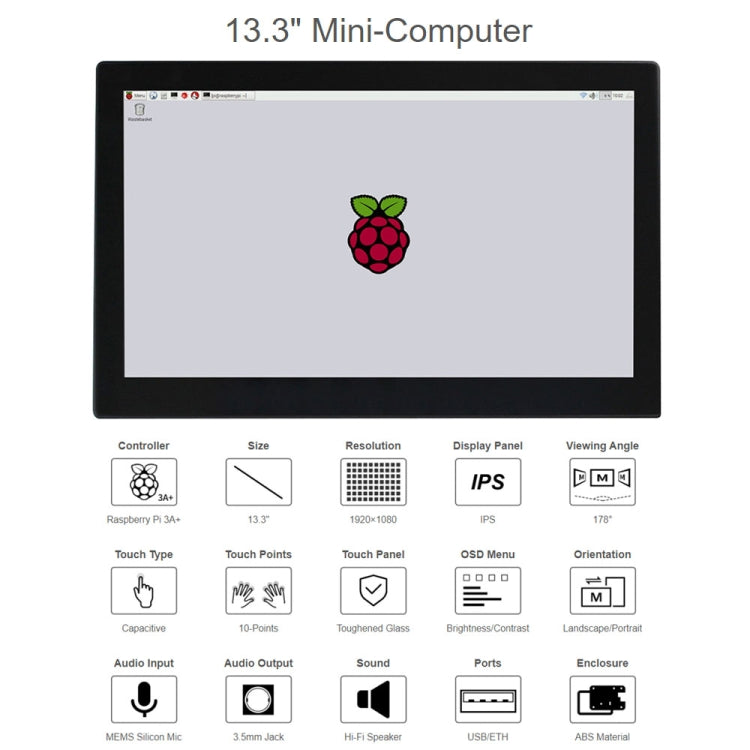 Waveshare 13.3 inch Mini-Computer Powered by Raspberry Pi 3A+, HD Touch Screen(UK Plug) - Consumer Electronics by WAVESHARE | Online Shopping UK | buy2fix