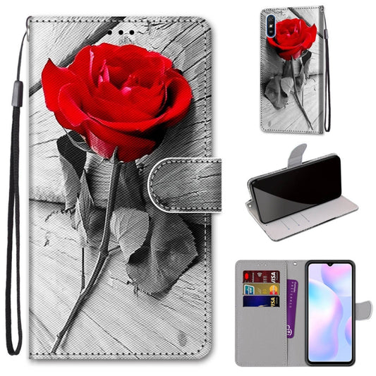 For Xiaomi Redmi 9A Coloured Drawing Cross Texture Horizontal Flip PU Leather Case with Holder & Card Slots & Wallet & Lanyard(Wood Red Rose) - Xiaomi Cases by buy2fix | Online Shopping UK | buy2fix