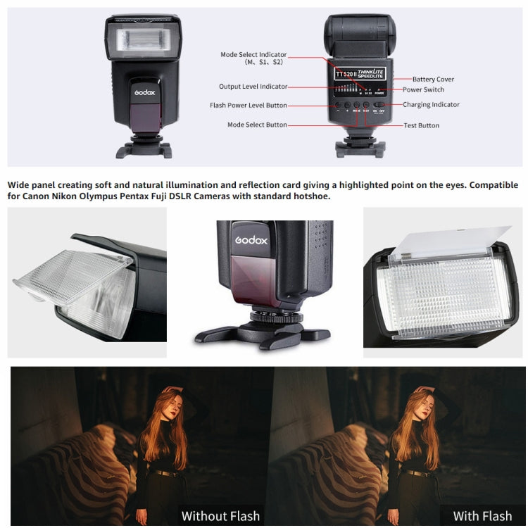 Godox TT520II 433MHZ Wireless 1/300s-1/2000s HSS Flash Speedlite Camera Top Fill Light for Canon / Nikon DSLR Cameras(Black) - Camera Accessories by Godox | Online Shopping UK | buy2fix