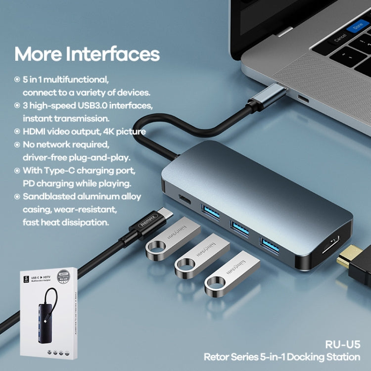 Remax RU-U5 5 In1 Multi-function Type-C / USB-C HUB Docking Station(Dark Grey) - Computer & Networking by REMAX | Online Shopping UK | buy2fix