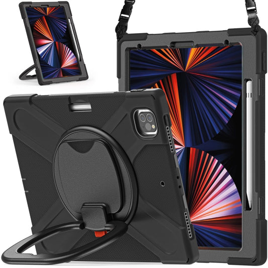 For iPad Pro 12.9 2022 / 2021 Silicone + PC Protective Tablet Case with Holder & Shoulder Strap(Black+Black) - iPad Pro 12.9 (2022/2021) Cases by buy2fix | Online Shopping UK | buy2fix