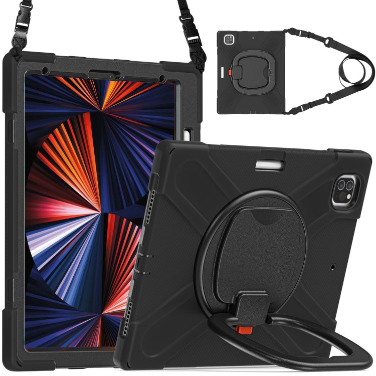 For iPad Pro 12.9 2022 / 2021 Silicone + PC Protective Tablet Case with Holder & Shoulder Strap(Black+Black) - iPad Pro 12.9 (2022/2021) Cases by buy2fix | Online Shopping UK | buy2fix