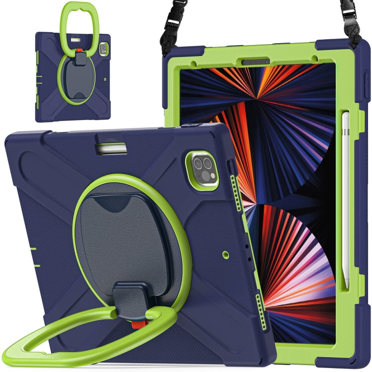 For iPad Pro 12.9 2022 / 2021 Silicone + PC Protective Tablet Case with Holder & Shoulder Strap(Navy Blue + Lime) - iPad Pro 12.9 (2022/2021) Cases by buy2fix | Online Shopping UK | buy2fix