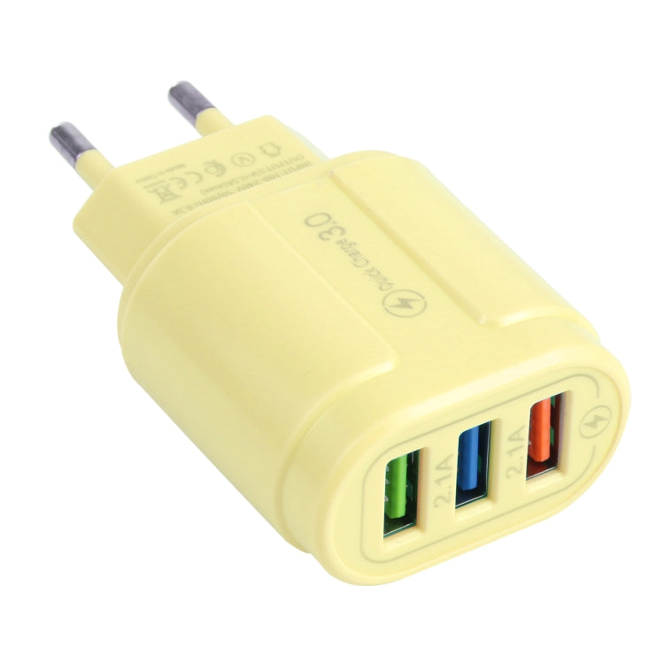 13-222 QC3.0 USB + 2.1A Dual USB Ports Macarons Travel Charger, EU Plug(Yellow) - Mobile Accessories by buy2fix | Online Shopping UK | buy2fix