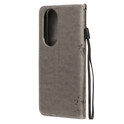 For Huawei P50 Pro Tree & Cat Pattern Pressed Printing Horizontal Flip PU Leather Case with Holder & Card Slots & Wallet & Lanyard(Grey) - Huawei Cases by buy2fix | Online Shopping UK | buy2fix