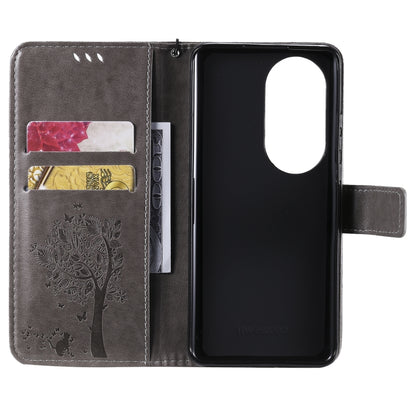 For Huawei P50 Pro Tree & Cat Pattern Pressed Printing Horizontal Flip PU Leather Case with Holder & Card Slots & Wallet & Lanyard(Grey) - Huawei Cases by buy2fix | Online Shopping UK | buy2fix