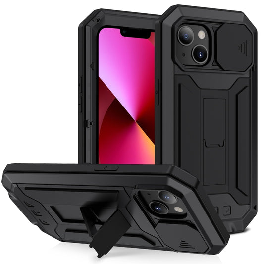 For iPhone 13 R-JUST Sliding Camera Shockproof Waterproof Dust-proof Metal + Silicone Protective Case with Holder(Black) - Apple Accessories by R-JUST | Online Shopping UK | buy2fix