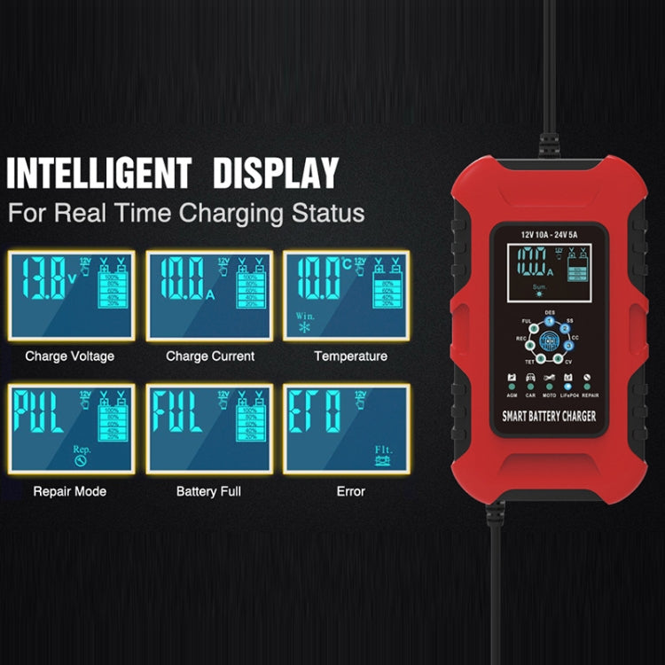 FOXSUR 10A 12V 7-segment Motorcycle / Car Smart Battery Charger, Plug Type:EU Plug(Red) - Battery Charger by FOXSUR | Online Shopping UK | buy2fix