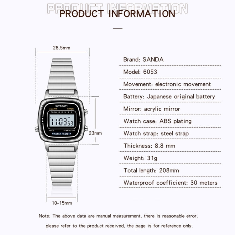 SANDA 6053 Square LED Digital Display Dial Running Seconds Alarm Clock Electronic Watch for Women(Silver) - LED Digital Watches by SANDA | Online Shopping UK | buy2fix