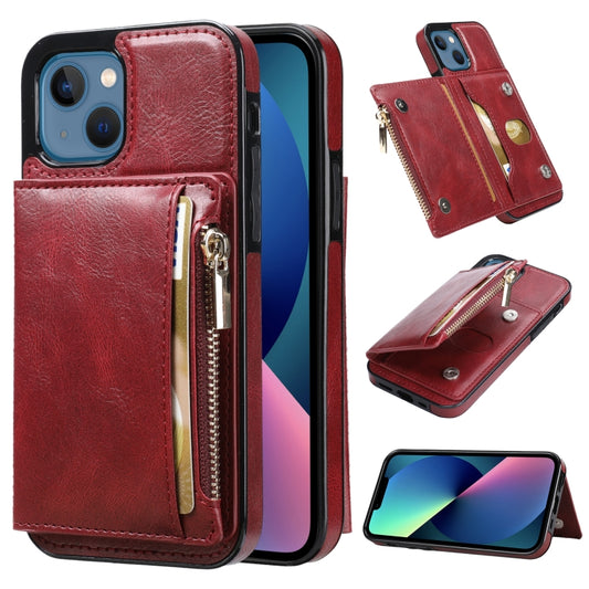 For iPhone 13 Zipper Wallet Bag PU Back Cover Shockrpoof Phone Case with Holder & Card Slots & Wallet(Red) - Apple Accessories by buy2fix | Online Shopping UK | buy2fix