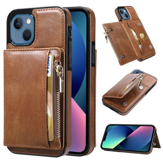 For iPhone 13 Zipper Wallet Bag PU Back Cover Shockrpoof Phone Case with Holder & Card Slots & Wallet(Brown) - Apple Accessories by buy2fix | Online Shopping UK | buy2fix