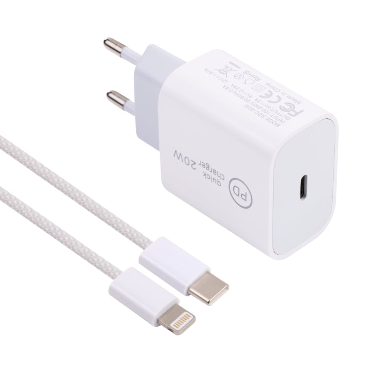 SDC-20W PD USB-C / Type-C Travel Charger + 1m 20W USB-C / Type-C to 8 Pin Data Cable Set, EU Plug(White) - Mobile Accessories by buy2fix | Online Shopping UK | buy2fix