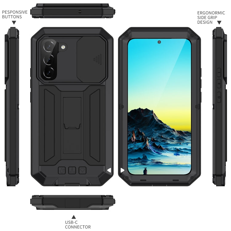 For Samsung Galaxy S22 5G R-JUST Sliding Camera Metal + Silicone Holder Phone Case(Black) - Samsung Accessories by R-JUST | Online Shopping UK | buy2fix
