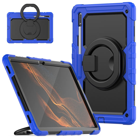 For Samsung Galaxy Tab S8 Ultra Shoulder Strap Silicone + PC Tablet Case(Blue Black) - Galaxy Tab S8 Ultra Cases by buy2fix | Online Shopping UK | buy2fix