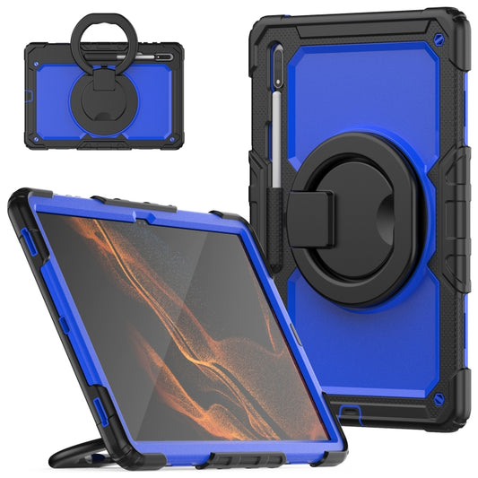 For Samsung Galaxy Tab S8 Ultra Shoulder Strap Silicone + PC Tablet Case(Black Blue) - Galaxy Tab S8 Ultra Cases by buy2fix | Online Shopping UK | buy2fix