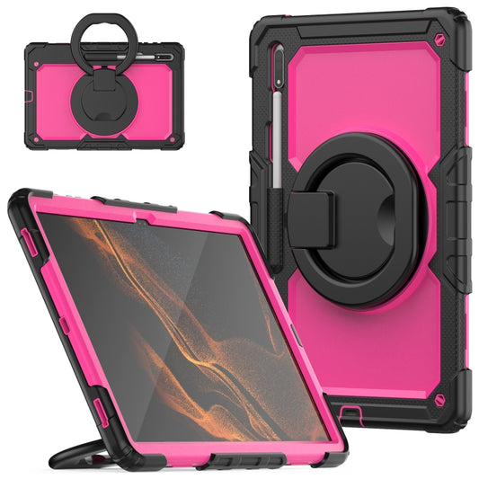 For Samsung Galaxy Tab S8 Ultra Shoulder Strap Silicone + PC Tablet Case(Black Rose Red) - Galaxy Tab S8 Ultra Cases by buy2fix | Online Shopping UK | buy2fix