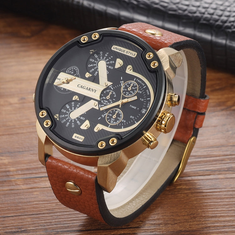 CAGARNY 6820 Round Large Dial Leather Band Quartz Dual Movement Watch For Men(Gold Between Brown Band) - Leather Strap Watches by CAGARNY | Online Shopping UK | buy2fix
