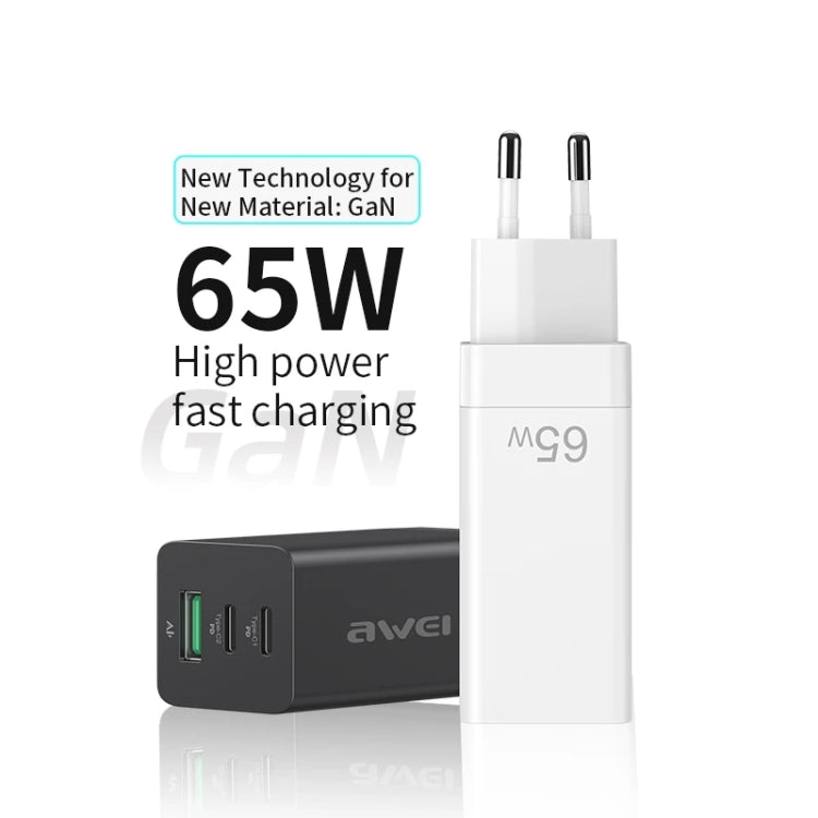 awei PD9 65W Dual Type-C / USB-C + USB GaN Fast Charging Travel Charger, EU Plug(White) - USB Charger by awei | Online Shopping UK | buy2fix