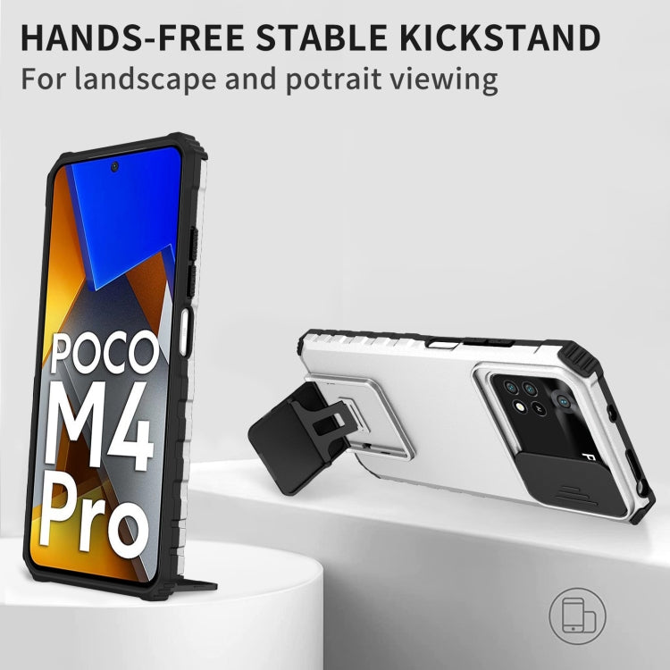 For Xiaomi Poco M4 Pro 4G Stereoscopic Holder Sliding Camshield Phone Case(White) - Xiaomi Cases by buy2fix | Online Shopping UK | buy2fix