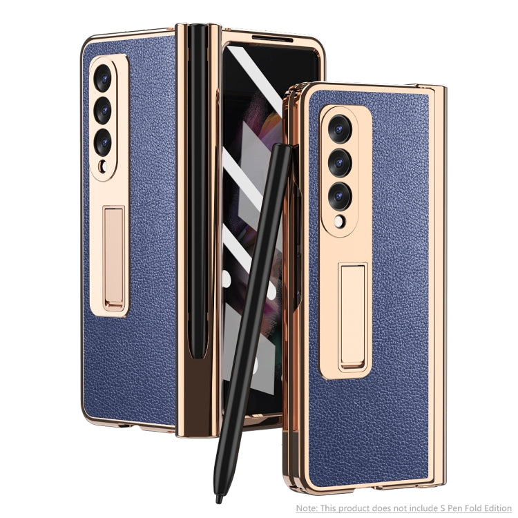 For Samsung Galaxy Z Fold3 Litchi Texture Integrated Electroplating Hinge Flip Phone Case with Pen Slot(Blue) - Galaxy Phone Cases by buy2fix | Online Shopping UK | buy2fix