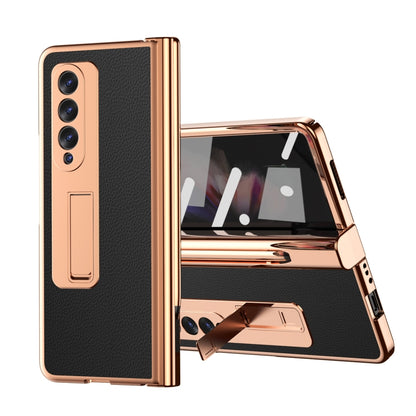 For Samsung Galaxy Z Fold3 5G Litchi Texture Leather Hinged Electroplated Phone Case with S Pen Fold Edition & Protective Film(Black) - Galaxy Phone Cases by buy2fix | Online Shopping UK | buy2fix