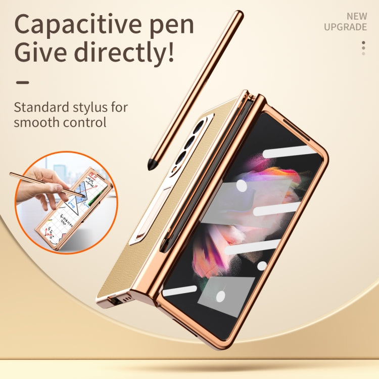 For Samsung Galaxy Z Fold3 5G Litchi Texture Leather Hinged Electroplated Phone Case with S Pen Fold Edition & Protective Film(Gold) - Galaxy Phone Cases by buy2fix | Online Shopping UK | buy2fix