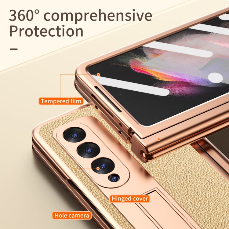 For Samsung Galaxy Z Fold3 5G Litchi Texture Leather Hinged Electroplated Phone Case with S Pen Fold Edition & Protective Film(Gold) - Galaxy Phone Cases by buy2fix | Online Shopping UK | buy2fix