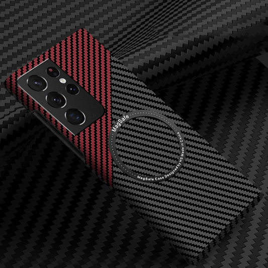 For Samsung Galaxy S21 Ultra 5G Carbon Fiber Texture MagSafe Magnetic Phone Case(Black Red) - Galaxy S21 Ultra 5G Cases by buy2fix | Online Shopping UK | buy2fix