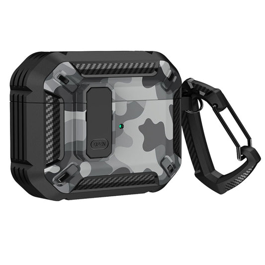Two-Tone Printed Earphone Case with Switch Lock & Carabiner For AirPods Pro(Black + Camouflage Gray) - Apple Accessories by buy2fix | Online Shopping UK | buy2fix