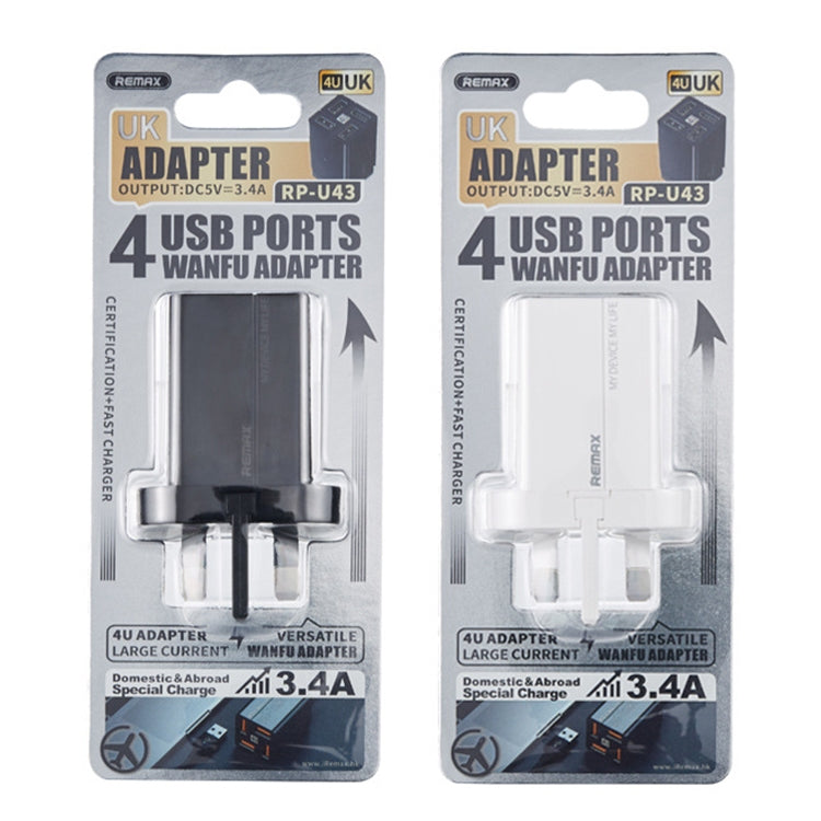 REMAX RP-U43 3.4A 4 USB Port Fast Charger, Specification:UK Plug(White) - USB Charger by REMAX | Online Shopping UK | buy2fix