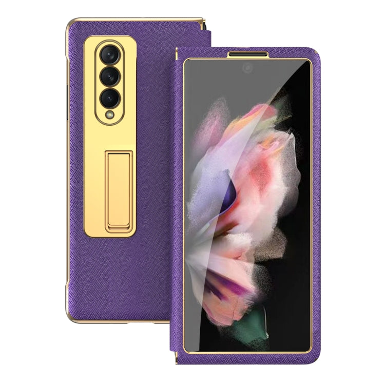 For Samsung Galaxy Z Fold3 5G Cross Texture Integrated Electroplating Hinge Flip Phone Case with Tempered Film(Purple) - Galaxy Phone Cases by buy2fix | Online Shopping UK | buy2fix