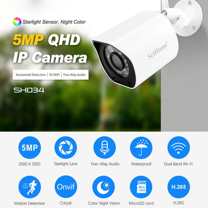 SriHome SH034 5.0MP Mini Dual 2.4 / 5G WiFi Outdoor Waterproof Video Surveillance Color Night Vision Security CCTV Cam, Plug Type:EU Plug(White) - Security by buy2fix | Online Shopping UK | buy2fix