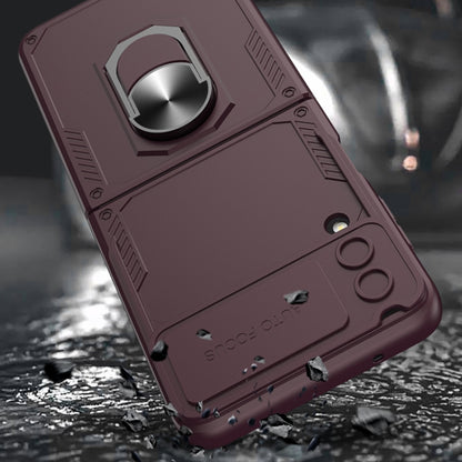 For Samsung Galaxy Z Flip4 GKK Carbon Brazing Pattern Shockproof Armor PC Phone Case with Ring Holder(Wine Red) - Galaxy Z Flip4 5G Cases by GKK | Online Shopping UK | buy2fix
