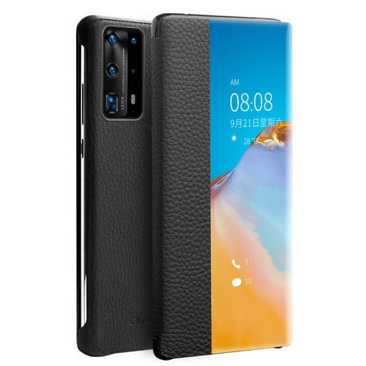 For Huawei P40 QIALINO Litchi Texture Side Window View Leather Phone Case(Black) - Huawei Cases by QIALINO | Online Shopping UK | buy2fix