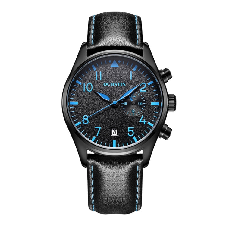 Ochstin 5043C Multifunctional Business Waterproof Leather Strap Quartz Watch(Black+Black+Blue) - Leather Strap Watches by OCHSTIN | Online Shopping UK | buy2fix