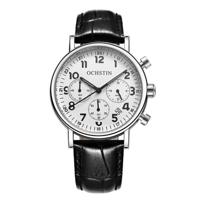 Ochstin 5081A Multifunctional Luminous Waterproof Leather Strap Quartz Watch(Silver+White+Black) - Leather Strap Watches by OCHSTIN | Online Shopping UK | buy2fix