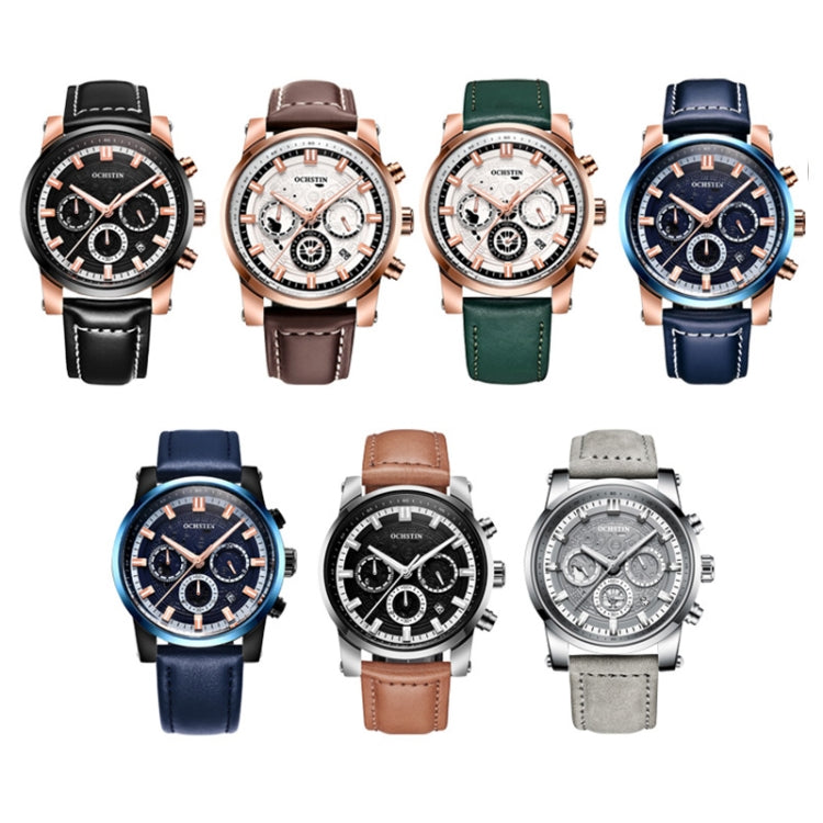 Ochstin 5111B Multifunctional Business Waterproof Luminous Leather Strap Quartz Watch(Rose Gold+Green) - Leather Strap Watches by OCHSTIN | Online Shopping UK | buy2fix