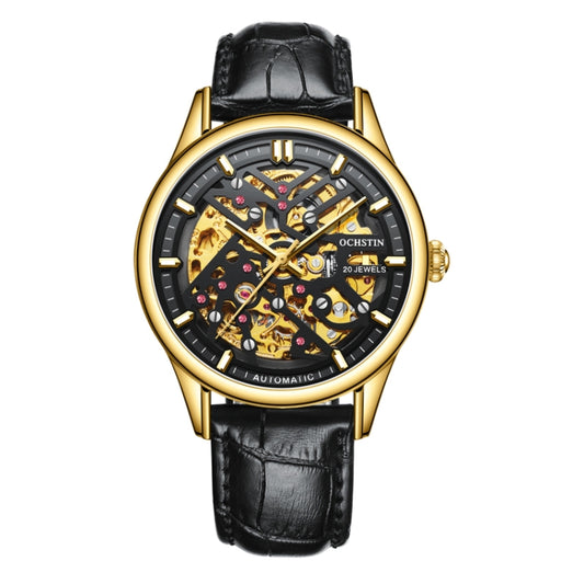 OCHSTIN 6020C Masterpiece Hollow Mechanical Men Watch(Gold-Black) - Leather Strap Watches by OCHSTIN | Online Shopping UK | buy2fix