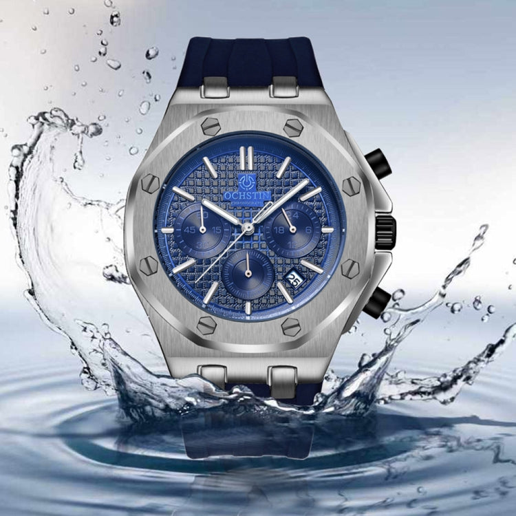 OCHSTIN 6100E Multifunctional Quartz Waterproof TPU Strap Men Watch(Silver+Blue) - Silicone Strap Watches by OCHSTIN | Online Shopping UK | buy2fix