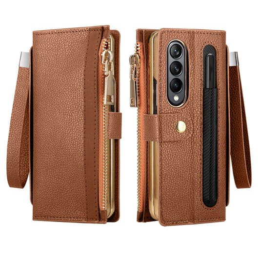 For Samsung Galaxy Z Fold4 Celebrity Series RFID Anti-theft Brush Phone Leather Case with Pen Slot(Brown) - Galaxy Z Fold4 5G Cases by buy2fix | Online Shopping UK | buy2fix