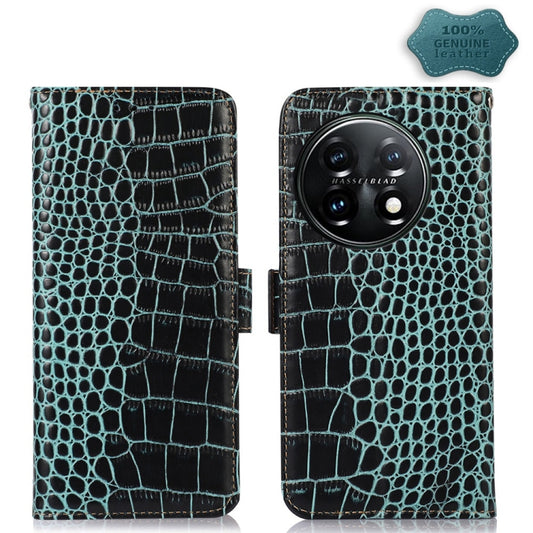 For OnePlus 11 5G Crocodile Top Layer Cowhide RFID Leather Phone Case(Green) - OnePlus Cases by buy2fix | Online Shopping UK | buy2fix