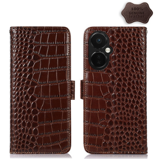 For OnePlus Nord CE 3 Lite Crocodile Top Layer Cowhide RFID Leather Phone Case(Brown) - OnePlus Cases by buy2fix | Online Shopping UK | buy2fix