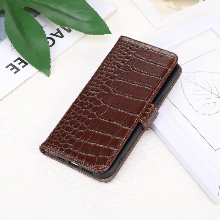 For Motorola Moto E13 4G 2023 Crocodile Top Layer Cowhide RFID Leather Phone Case(Brown) - Motorola Cases by buy2fix | Online Shopping UK | buy2fix