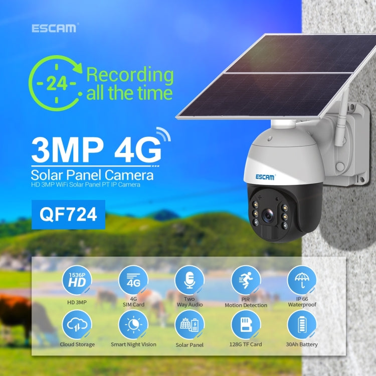 ESCAM QF724 3MP 24h Recording Cloud Storage PT 4G PIR Alarm IP Camera with Solar Panel, AU Signal Bands - Security by ESCAM | Online Shopping UK | buy2fix