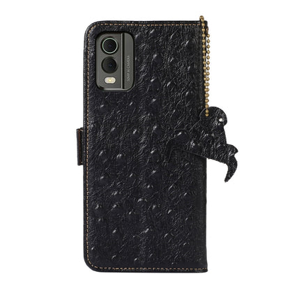 For Nokia C32 4G Ostrich Pattern Genuine Leather RFID Phone Case(Black) - Nokia Cases by buy2fix | Online Shopping UK | buy2fix