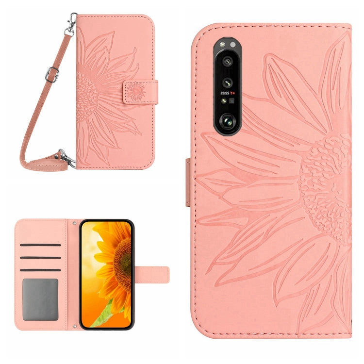 For Sony Xperia 1 V HT04 Skin Feel Sun Flower Embossed Flip Leather Phone Case with Lanyard(Pink) - Sony Cases by buy2fix | Online Shopping UK | buy2fix