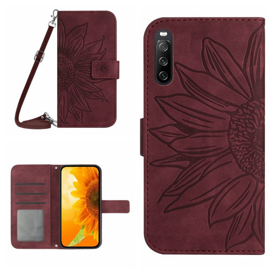 For Sony Xperia 10 V HT04 Skin Feel Sun Flower Embossed Flip Leather Phone Case with Lanyard(Wine Red) - Sony Cases by buy2fix | Online Shopping UK | buy2fix