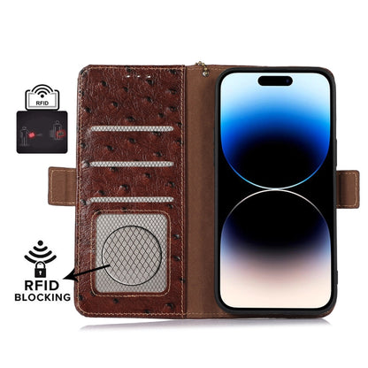 For Google Pixel 8 Pro Ostrich Pattern Genuine Leather RFID Phone Case(Coffee) - Google Cases by buy2fix | Online Shopping UK | buy2fix