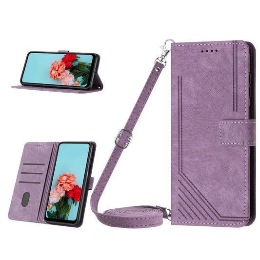 For Tecno Spark 10 Pro Skin Feel Stripe Pattern Leather Phone Case with Lanyard(Purple) - Tecno Cases by buy2fix | Online Shopping UK | buy2fix